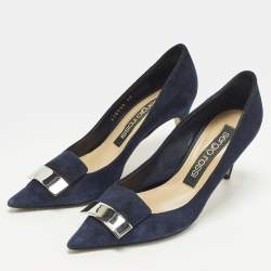Pre Owned Sergio Rossi SR1 Size 38 Navy Blue Suede Pumps