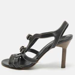 Pre Owned Sergio Rossi Size 36 Black Leather Double Buckle Ankle Strap Sandals