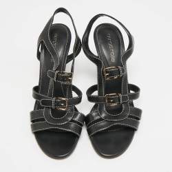 Pre Owned Sergio Rossi Size 36 Black Leather Double Buckle Ankle Strap Sandals
