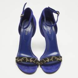 Pre Owned Sergio Rossi Size 37 Blue Suede Embellished Ankle Strap Sandals