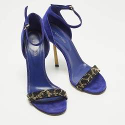 Pre Owned Sergio Rossi Size 37 Blue Suede Embellished Ankle Strap Sandals