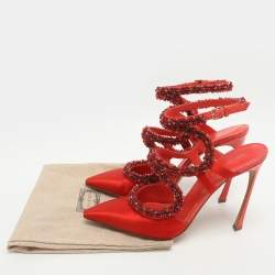 Pre Owned Sergio Rossi Size Embellished 40 Red Python Leather and Satin Ankle Strap Sandals