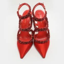 Pre Owned Sergio Rossi Size Embellished 40 Red Python Leather and Satin Ankle Strap Sandals