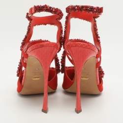 Pre Owned Sergio Rossi Size Embellished 40 Red Python Leather and Satin Ankle Strap Sandals