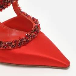 Pre Owned Sergio Rossi Size Embellished 40 Red Python Leather and Satin Ankle Strap Sandals