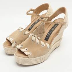 Pre Owned Sergio Rossi Size 38.5 Beige and Rope Suede Wedge Sandals