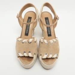 Pre Owned Sergio Rossi Size 38.5 Beige and Rope Suede Wedge Sandals