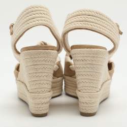 Pre Owned Sergio Rossi Size 38.5 Beige and Rope Suede Wedge Sandals