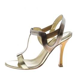 Pre Owned Sergio Rossi Gold Leather T Strap Sandals Size 37