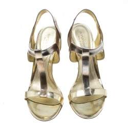 Pre Owned Sergio Rossi Gold Leather T Strap Sandals Size 37