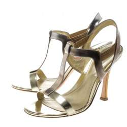 Pre Owned Sergio Rossi Gold Leather T Strap Sandals Size 37