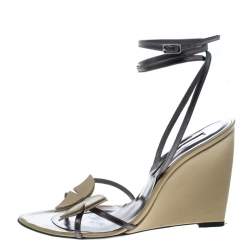 Pre Owned Sergio Rossi Beige/Metallic Grey Leather Strappy Wedge Sandals Size 38