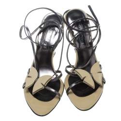 Pre Owned Sergio Rossi Beige/Metallic Grey Leather Strappy Wedge Sandals Size 38