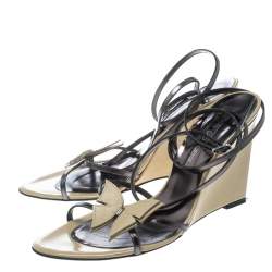 Pre Owned Sergio Rossi Beige/Metallic Grey Leather Strappy Wedge Sandals Size 38