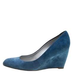 Pre Owned Sergio Rossi Blue Suede Wedge Pumps Size 37.5