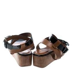 Sergio Rossi Black/Brown Leather Ankle Strap Wedge Sandals Size 40