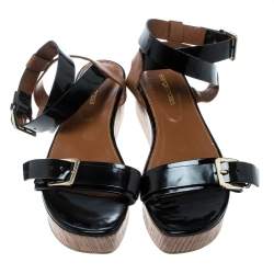 Sergio Rossi Black/Brown Leather Ankle Strap Wedge Sandals Size 40