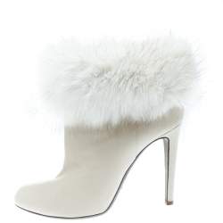 Pre Owned Sergio Rossi Cream Leather With Fur Trim Ankle Boots Size 40.5