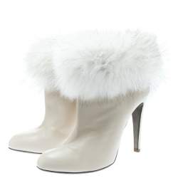 Pre Owned Sergio Rossi Cream Leather With Fur Trim Ankle Boots Size 40.5