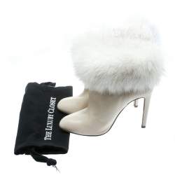 Pre Owned Sergio Rossi Cream Leather With Fur Trim Ankle Boots Size 40.5