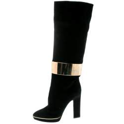 Pre Owned Sergio Rossi Black Suede Metal Cuff Boots Size 40.5