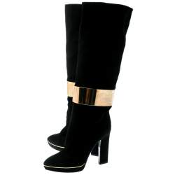 Pre Owned Sergio Rossi Black Suede Metal Cuff Boots Size 40.5