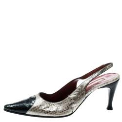 Sergio Rossi Beige/Black Pearl Finish Python Slingback Pointed Toe Sandals Size 39
