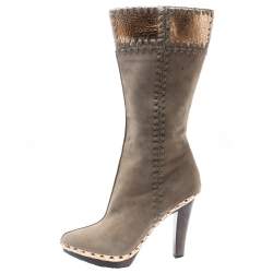 Pre Owned Sergio Rossi Beige Suede And Metallic Bronze Lizard Embossed Leather Studded Platform Knee Length Boots Size 37.5