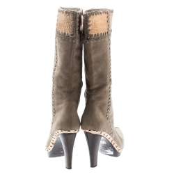 Pre Owned Sergio Rossi Beige Suede And Metallic Bronze Lizard Embossed Leather Studded Platform Knee Length Boots Size 37.5