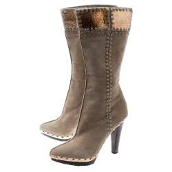 Pre Owned Sergio Rossi Beige Suede And Metallic Bronze Lizard Embossed Leather Studded Platform Knee Length Boots Size 37.5
