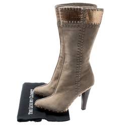 Pre Owned Sergio Rossi Beige Suede And Metallic Bronze Lizard Embossed Leather Studded Platform Knee Length Boots Size 37.5