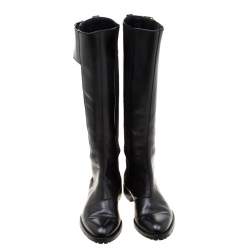 Pre Owned Sergio Rossi Black Leather And Elastic Detail Knee Length Boots Size 37