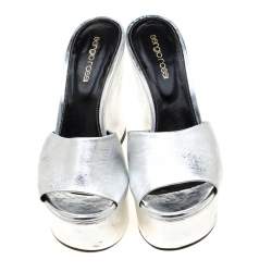 مملوكة مسبقًا Sergio Rossi Metallic Silver Leather Lakeesha Wedge Slides Size 37.5
