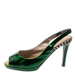 Pre Owned Sergio Rossi Green Patent Leather Peep Toe Slingback Sandals Size 37