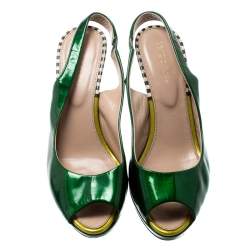 Pre Owned Sergio Rossi Green Patent Leather Peep Toe Slingback Sandals Size 37
