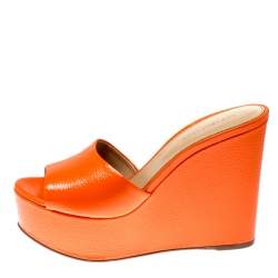 Pre Owned حذاء سلايدز سيرجيو روسي كعب عريض لاكيشا جلد لامع منقوش برتقالي مقاس 39.5