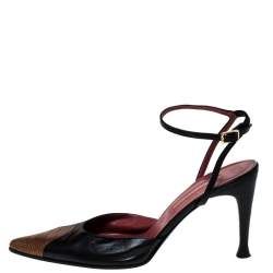 Sergio Rossi Black Leather And Brown Ostrich Trim Pointed Toe Ankle Strap Sandals Size 38.5