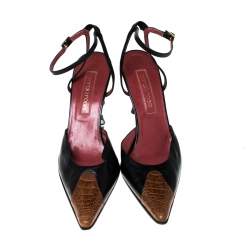 Sergio Rossi Black Leather And Brown Ostrich Trim Pointed Toe Ankle Strap Sandals Size 38.5