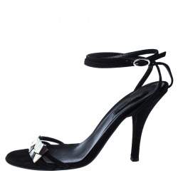 Sergio Rossi Black Suede Mother of Pearl Ankle Wrap Sandals Size 39.5