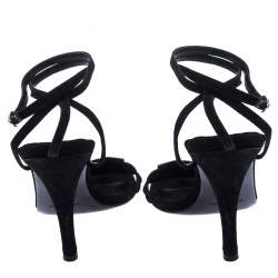 Sergio Rossi Black Suede Mother of Pearl Ankle Wrap Sandals Size 39.5