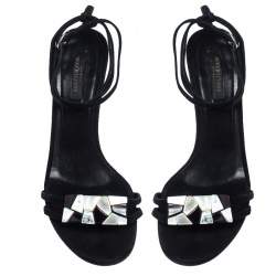 Sergio Rossi Black Suede Mother of Pearl Ankle Wrap Sandals Size 39.5