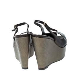 Pre Owned Sergio Rossi Black Leather Slingback Wedge Platform Sandals Size 37.5