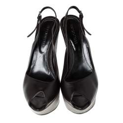 Pre Owned Sergio Rossi Black Leather Slingback Wedge Platform Sandals Size 37.5