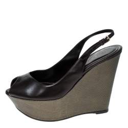 Pre Owned Sergio Rossi Black Leather Slingback Wedge Platform Sandals Size 37.5