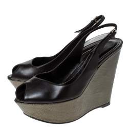 Pre Owned Sergio Rossi Black Leather Slingback Wedge Platform Sandals Size 37.5