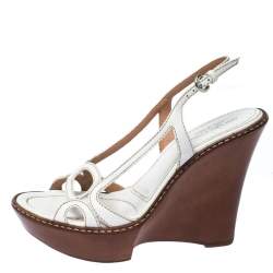مملوكة مسبقًا  Sergio Rossi White Leather Slingback Wedge Sandals Size 37