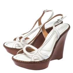مملوكة مسبقًا  Sergio Rossi White Leather Slingback Wedge Sandals Size 37