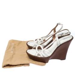 مملوكة مسبقًا  Sergio Rossi White Leather Slingback Wedge Sandals Size 37
