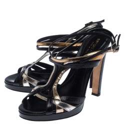 Pre Owned صندل سيرجيو روسي نعل سميك سير كاحل جلد ذهبي/ أسود مقاس 36