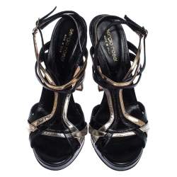 Pre Owned صندل سيرجيو روسي نعل سميك سير كاحل جلد ذهبي/ أسود مقاس 36